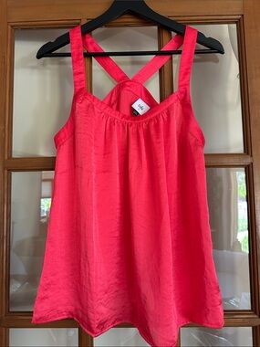CAbi Hot Coral Pink Satin Crisscross Strap Tank